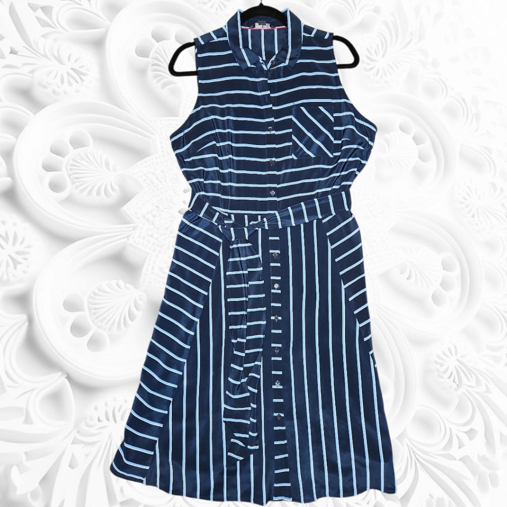 Tommy Hilfiger Navy and White Striped Midi Dress